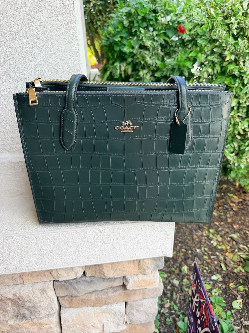 Coach Nina Dark Green Croc Embossed Leather Tote Bag Gold Hardware